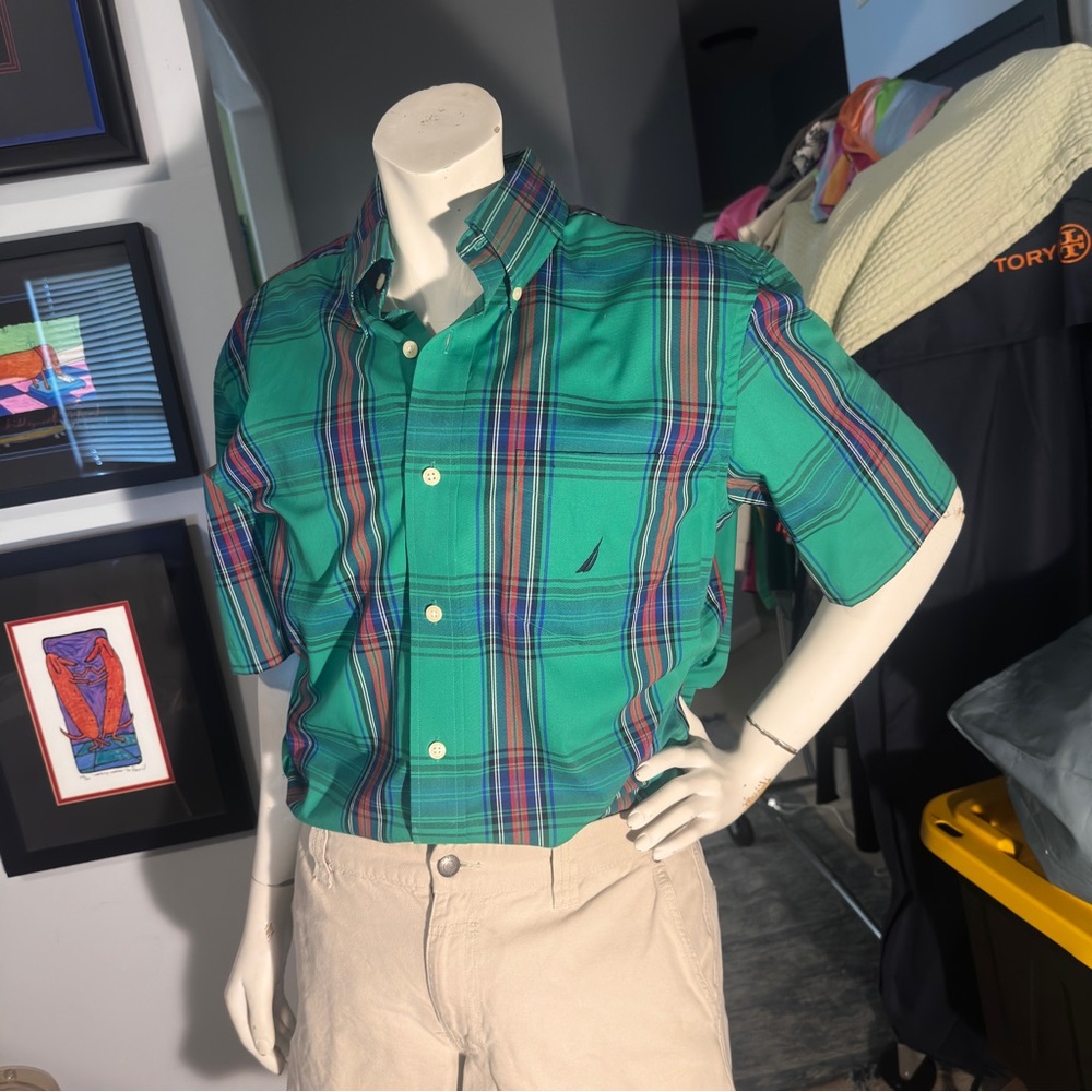 Nautica Green and Blue Casual Button Down Shirt